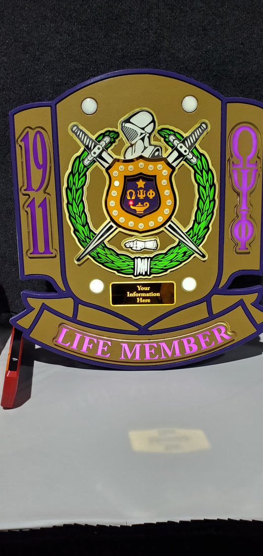 Omega Psi  Phi - Life Member Shield -LED Lighted