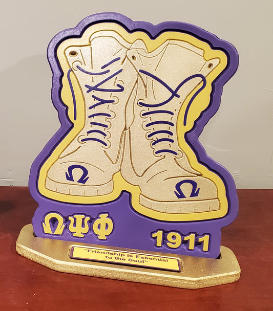 Omega Psi Phi - 12 Inch Man Cave Size-Gold Boots Plaque