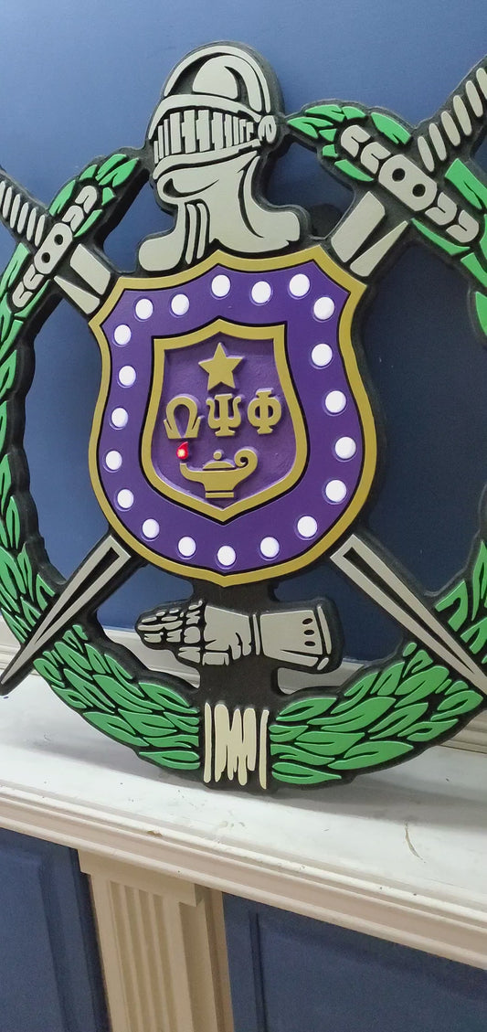 Omega Psi  Phi - Carved Retro Shield with Lighted Pearls